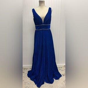 Hebeos Royal Blue Glittery Diamond Accented Waist‎ Deep V A-Line Gown Prom Sz 10